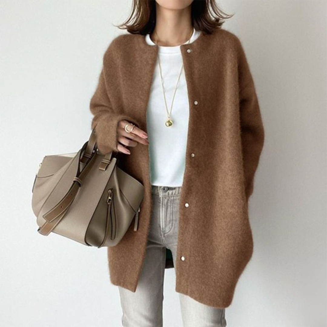 Elegante cardigan lungo con bottoni da donna – Comodo maglione girocollo