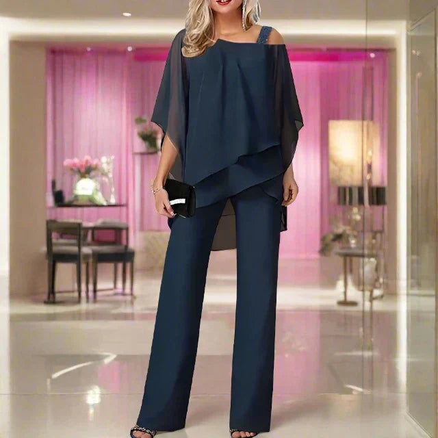Completo tuta e camicetta in chiffon monospalla di lusso da donna - Elegante completo leggero e fluido in due pezzi