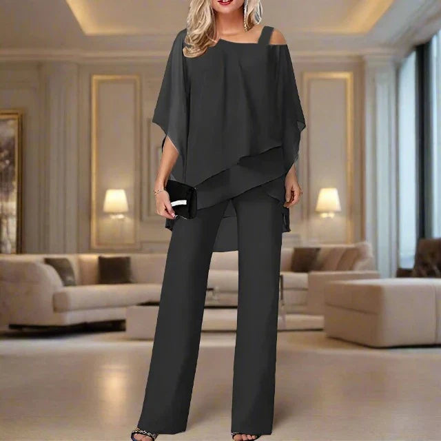 Completo tuta e camicetta in chiffon monospalla di lusso da donna - Elegante completo leggero e fluido in due pezzi
