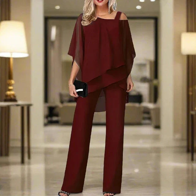 Completo tuta e camicetta in chiffon monospalla di lusso da donna - Elegante completo leggero e fluido in due pezzi