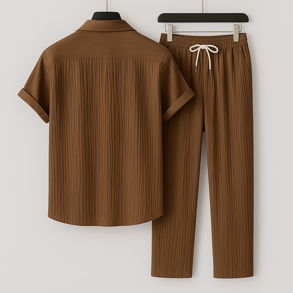 Completo uomo effetto lino con camicia e pantaloni con coulisse - Leggero e casual