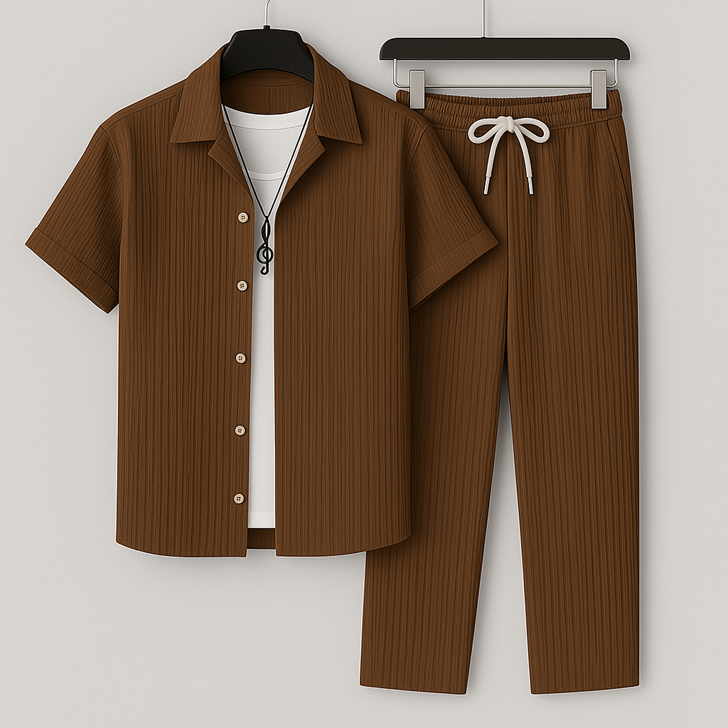 Completo uomo effetto lino con camicia e pantaloni con coulisse - Leggero e casual