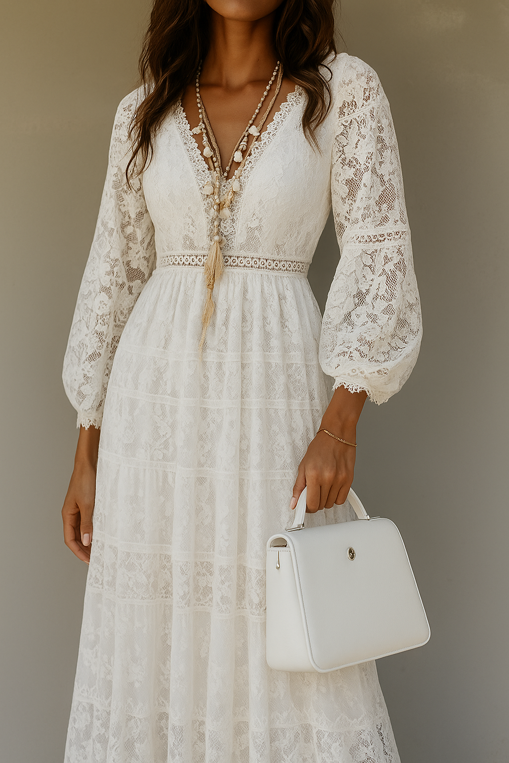 Abito lungo boho floreale bianco da donna - Elegante stile con scollo a V