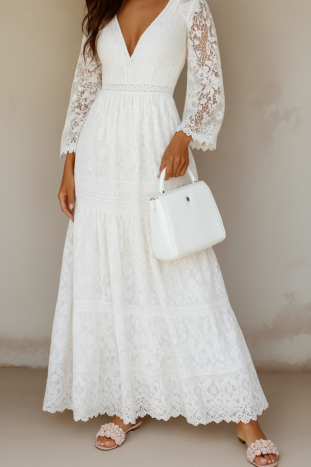 Abito lungo boho floreale bianco da donna - Elegante stile con scollo a V