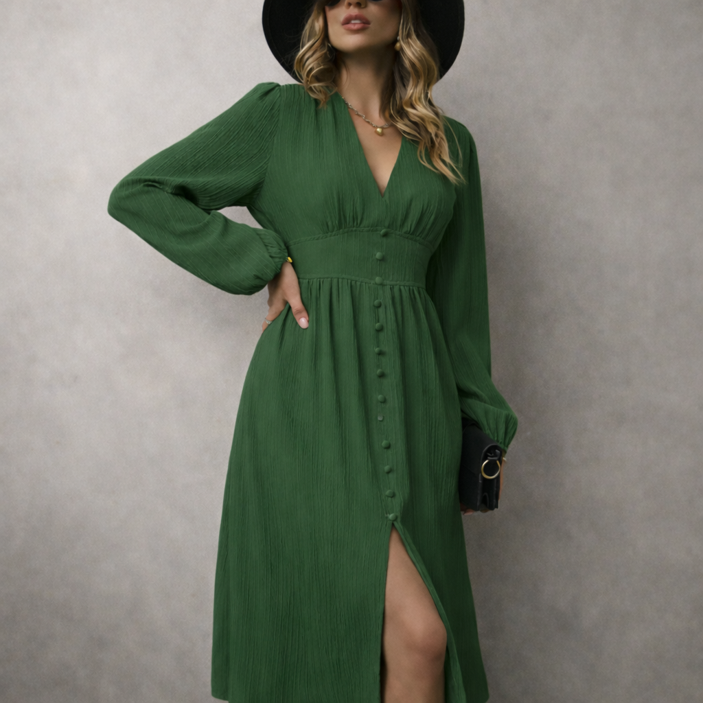 Elegante abito da donna in stile vintage con spacco – Abito midi con scollo a V e maniche lunghe