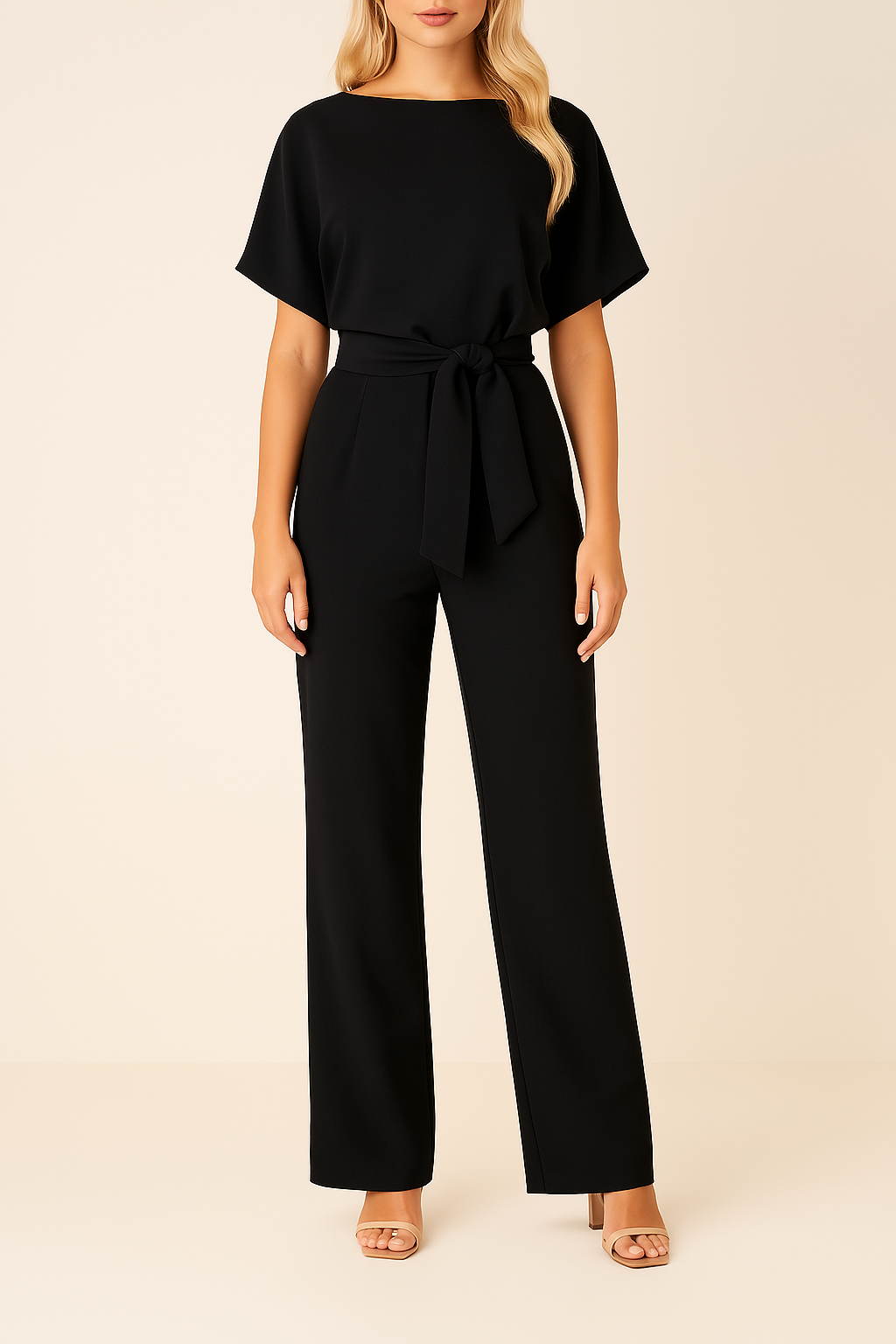 Elegante tuta con cintura per donna - scollo tondo maniche corte pantaloni a gamba larga
