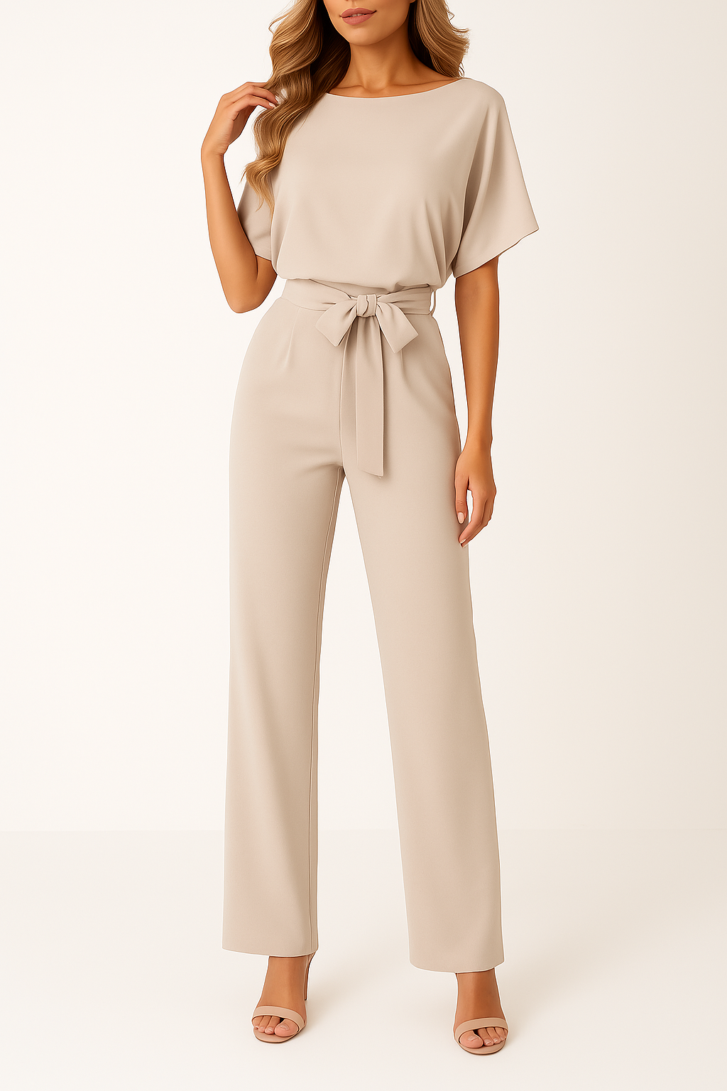 Elegante tuta con cintura per donna - scollo tondo maniche corte pantaloni a gamba larga
