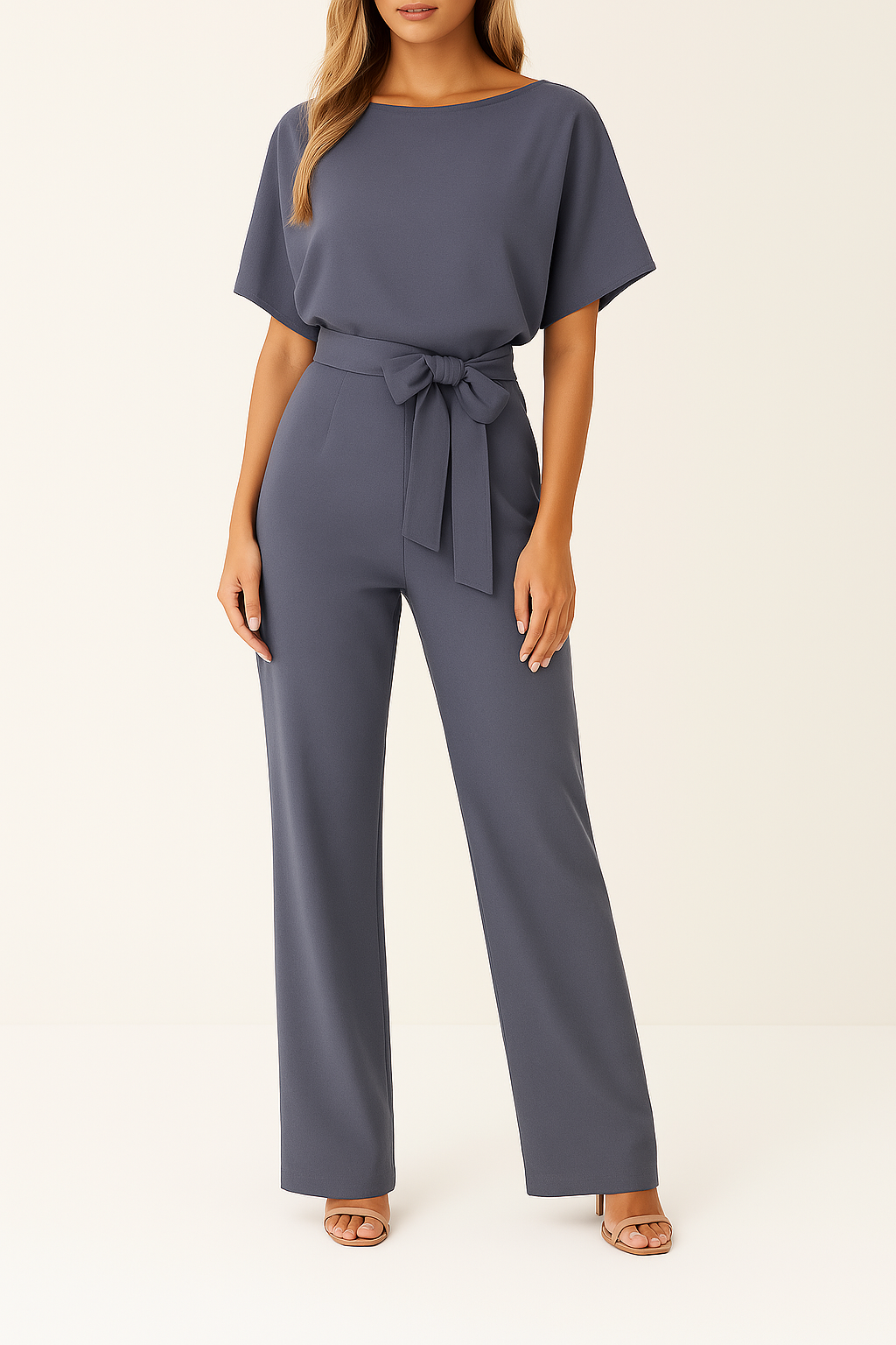 Elegante tuta con cintura per donna - scollo tondo maniche corte pantaloni a gamba larga