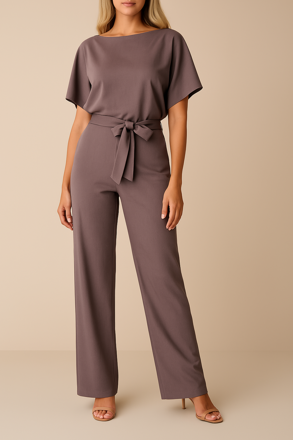 Elegante tuta con cintura per donna - scollo tondo maniche corte pantaloni a gamba larga