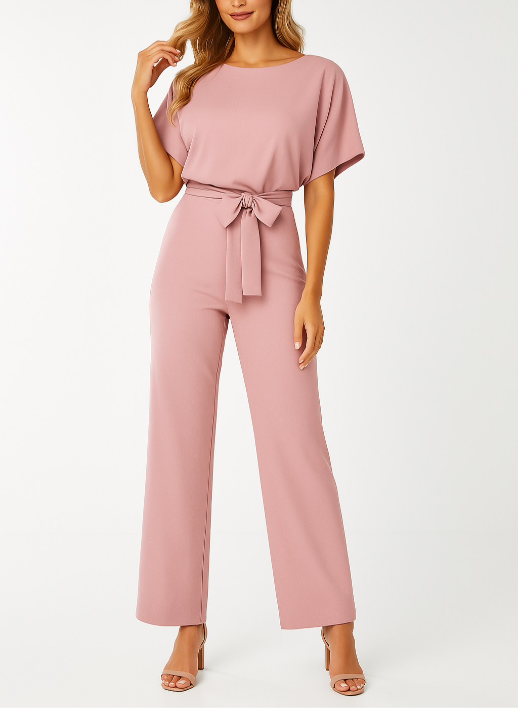 Elegante tuta con cintura per donna - scollo tondo maniche corte pantaloni a gamba larga