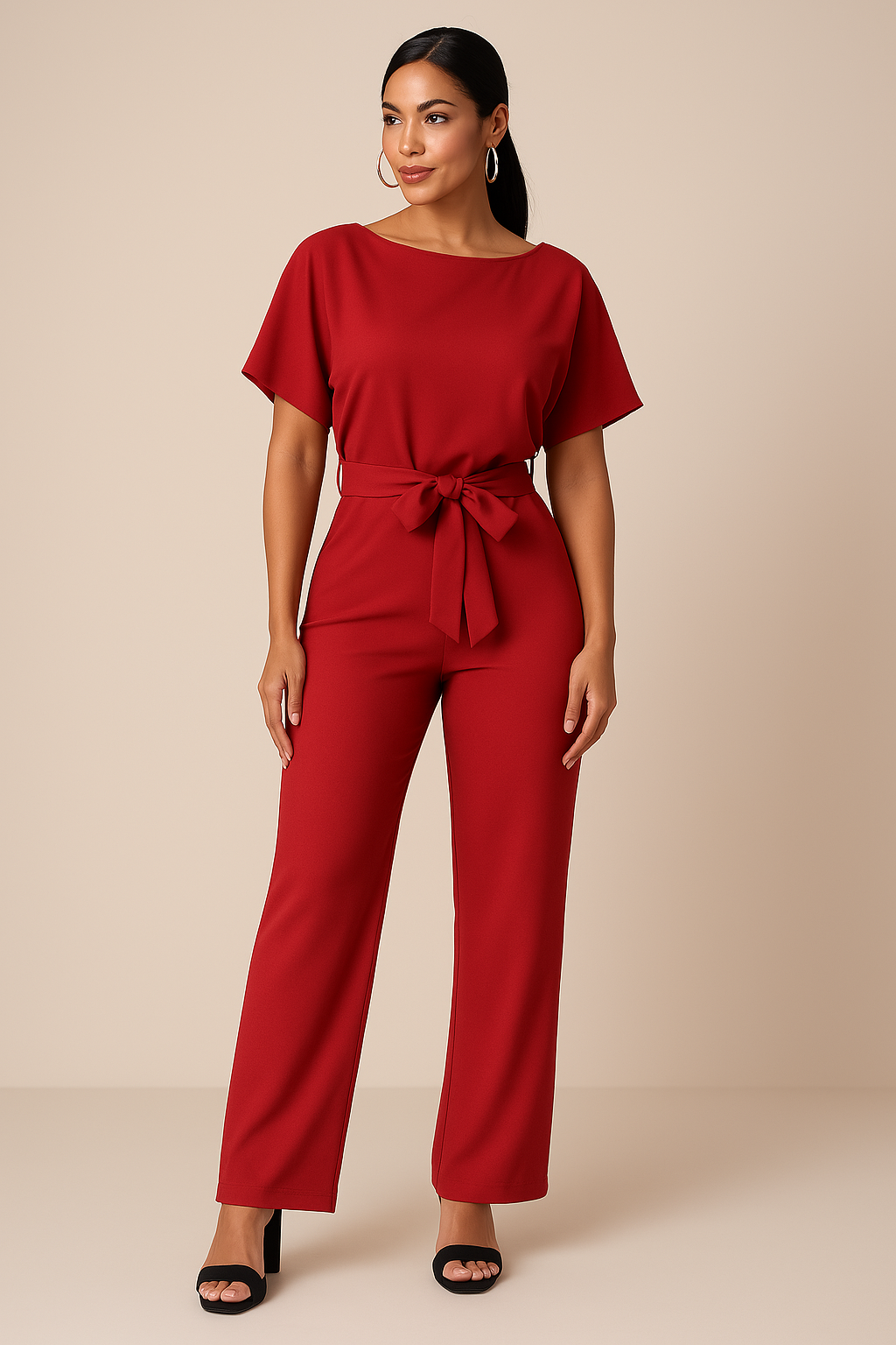 Elegante tuta con cintura per donna - scollo tondo maniche corte pantaloni a gamba larga