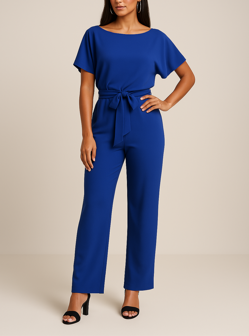 Elegante tuta con cintura per donna - scollo tondo maniche corte pantaloni a gamba larga
