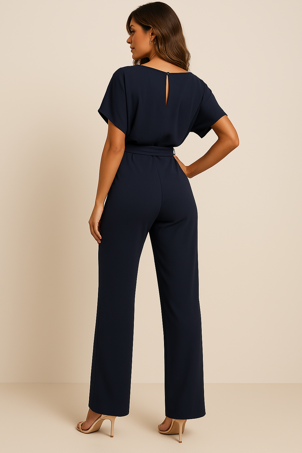 Elegante tuta con cintura per donna - scollo tondo maniche corte pantaloni a gamba larga