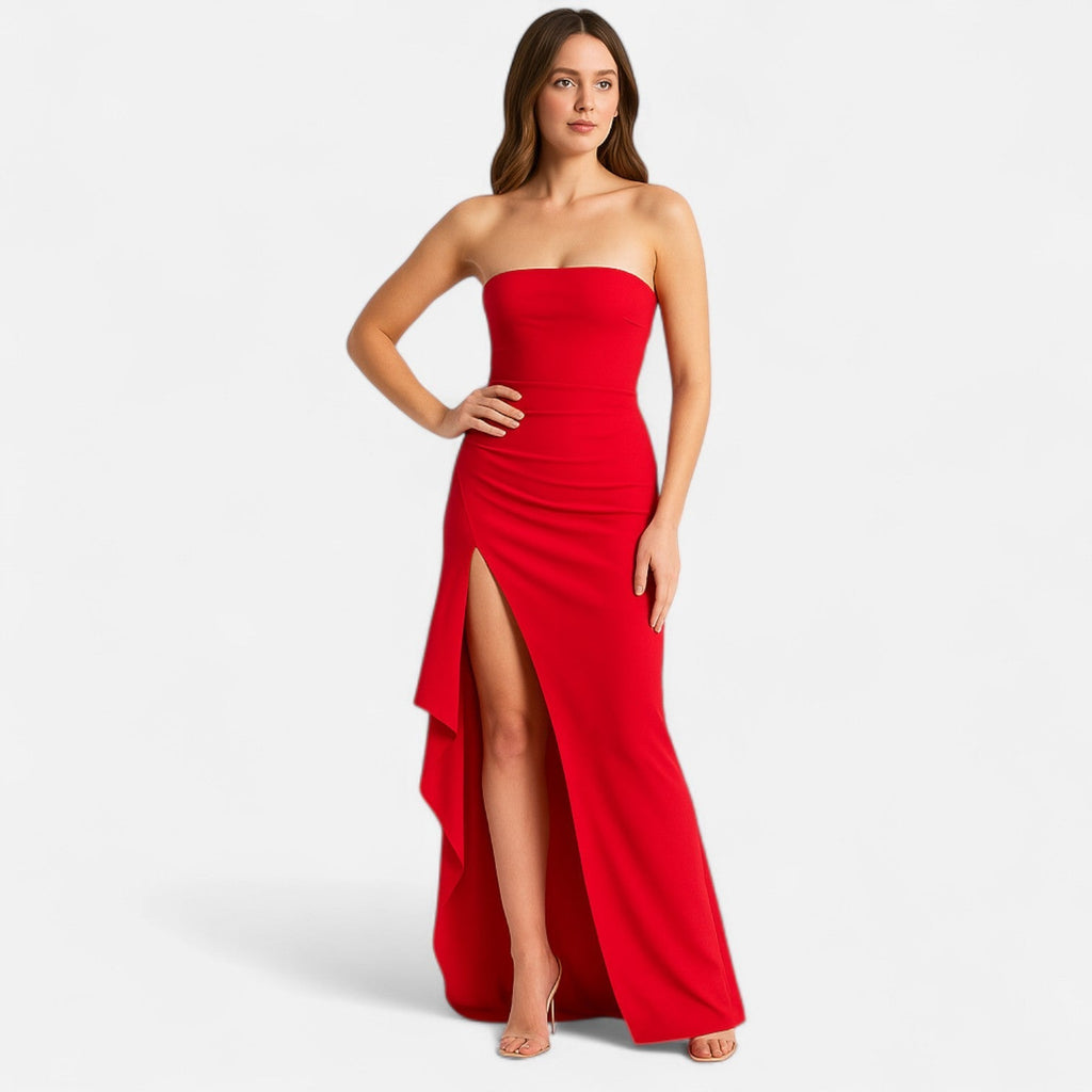 Abito da sera da donna senza spalline con spacco alto – Stile glamour contemporaneo e audace