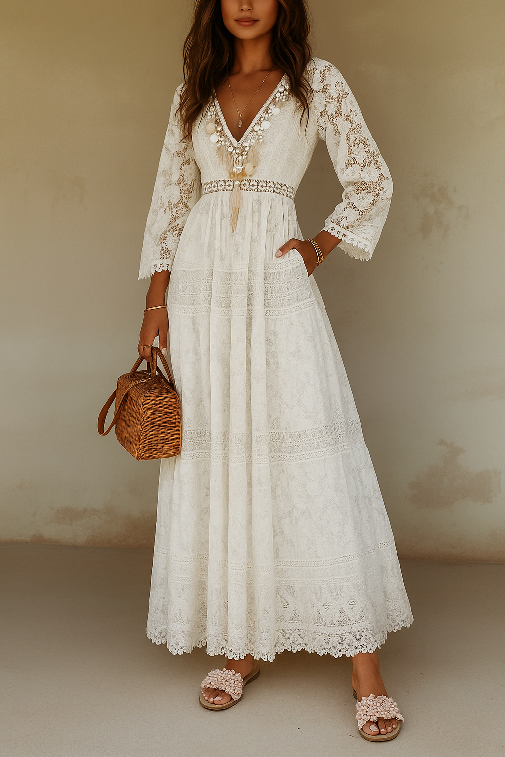 Abito lungo boho floreale bianco da donna - Elegante stile con scollo a V
