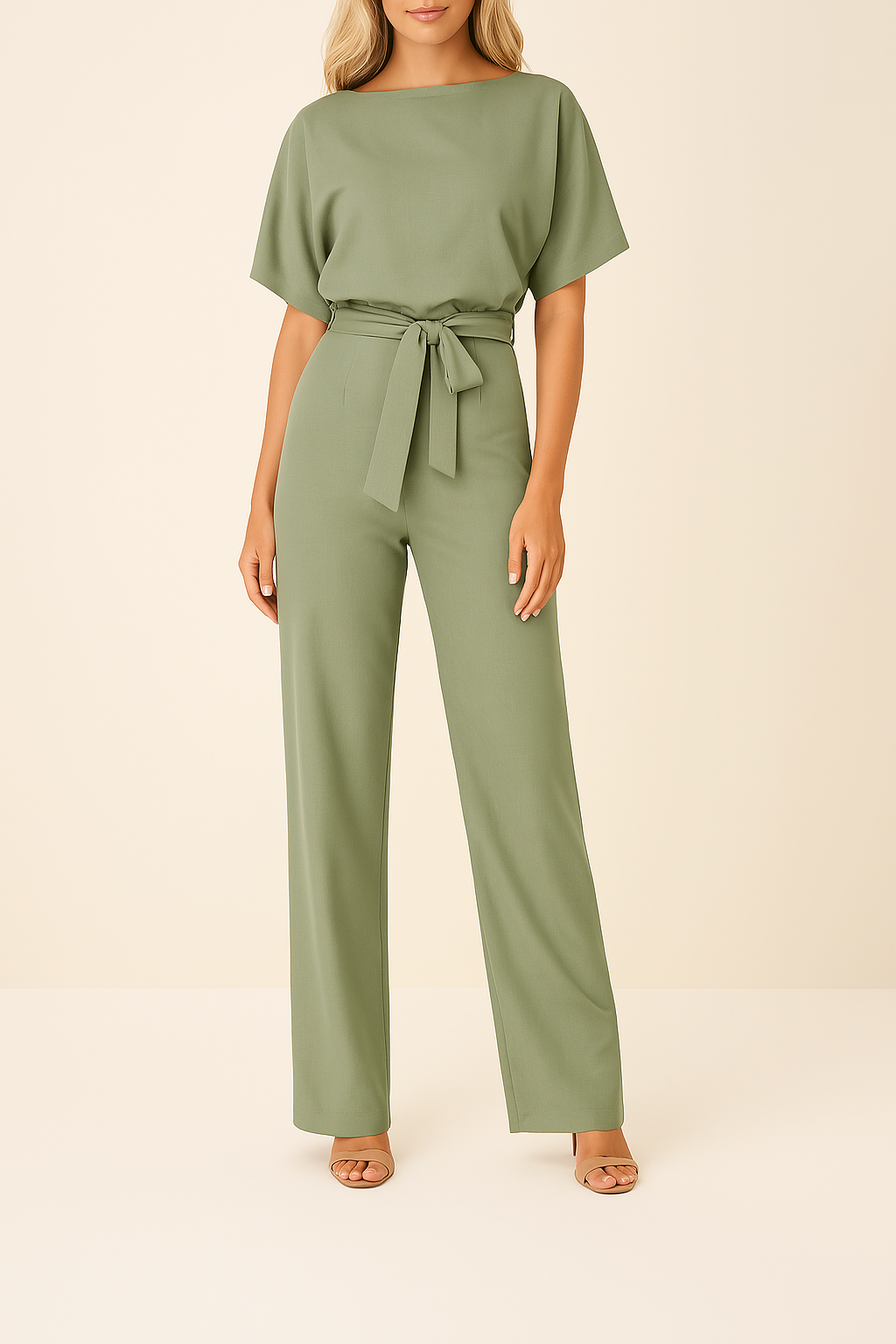 Elegante tuta con cintura per donna - scollo tondo maniche corte pantaloni a gamba larga