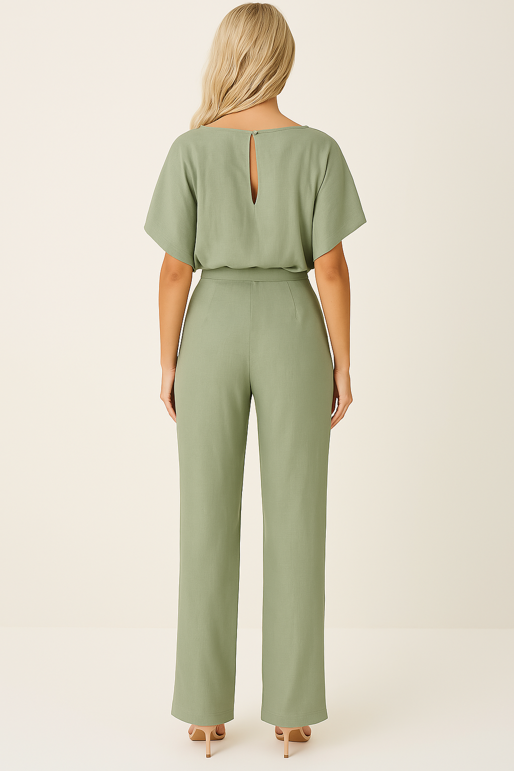 Elegante tuta con cintura per donna - scollo tondo maniche corte pantaloni a gamba larga