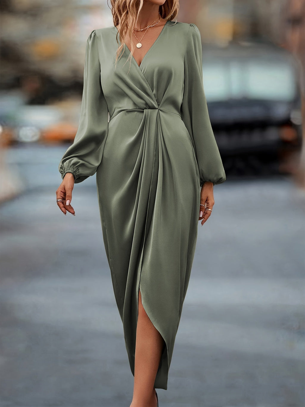 Abito midi a portafoglio da donna a maniche lunghe – Stile elegante e casual chic