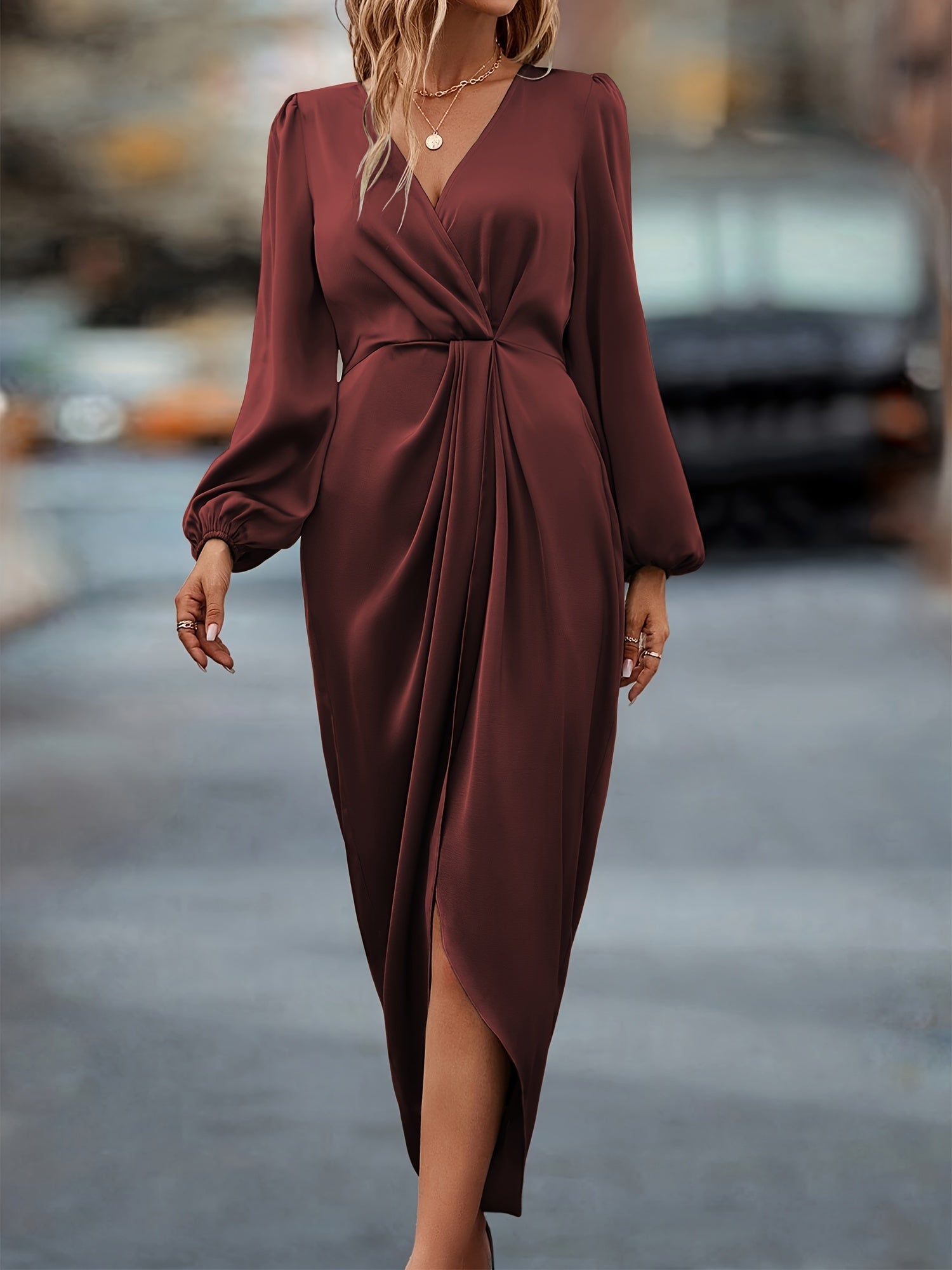 Abito midi a portafoglio da donna a maniche lunghe – Stile elegante e casual chic