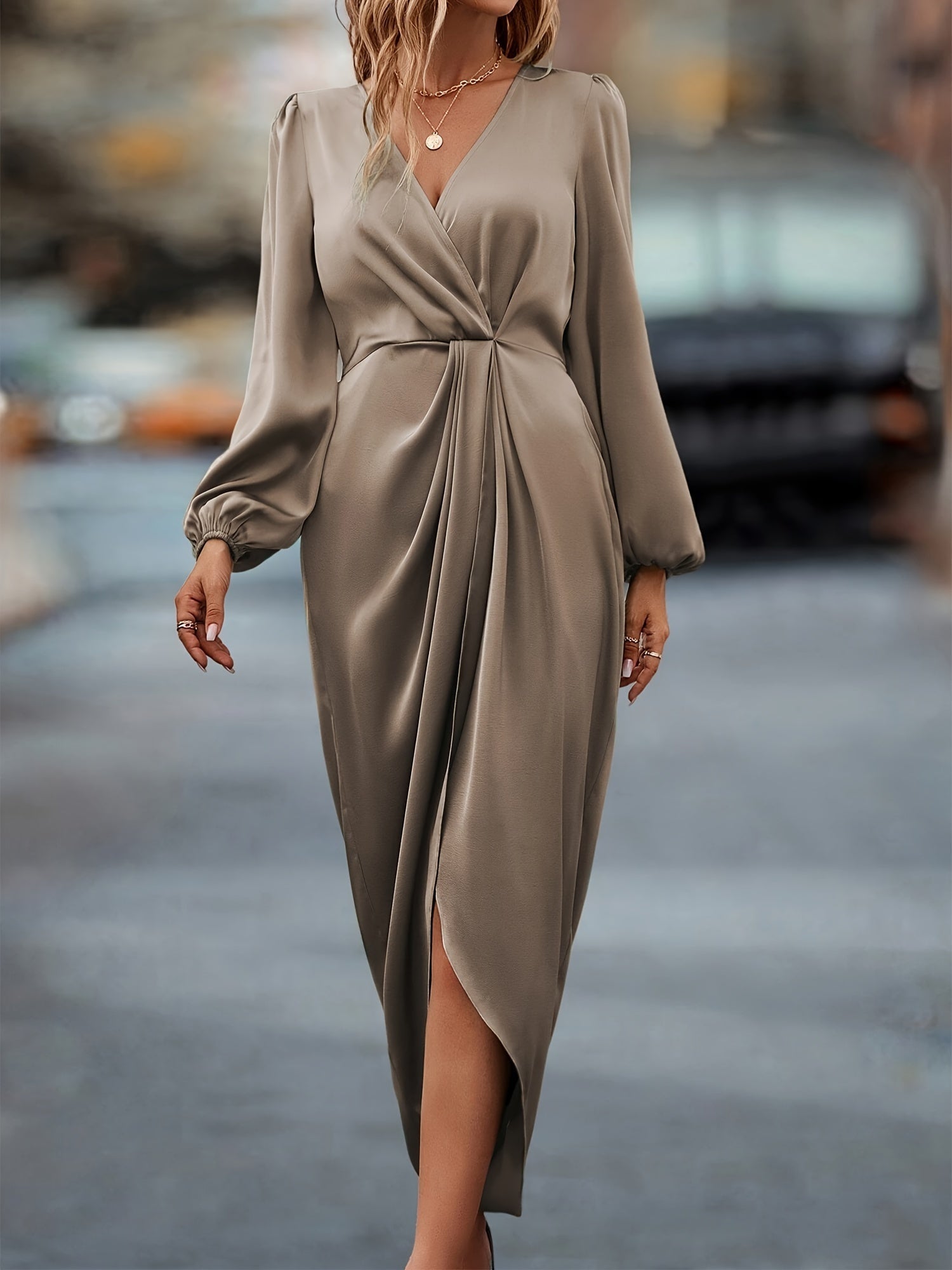 Abito midi a portafoglio da donna a maniche lunghe – Stile elegante e casual chic