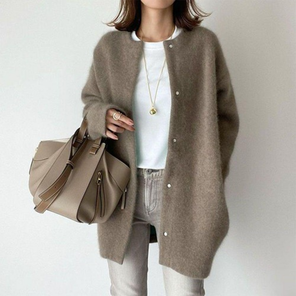 Elegante cardigan lungo con bottoni da donna – Comodo maglione girocollo