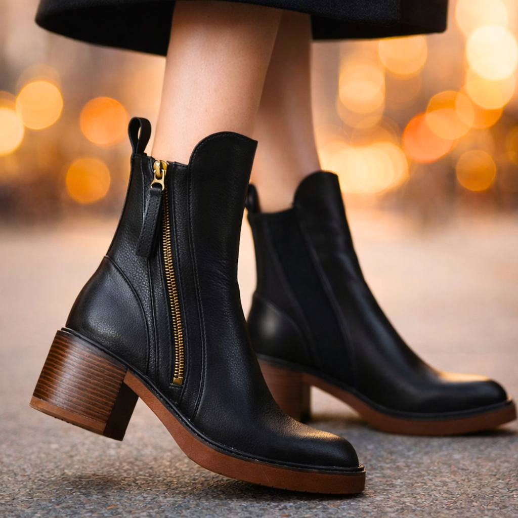 Stivaletti donna in pelle con tacco – Stivali alla caviglia eleganti con soletta imbottita e zip metallica