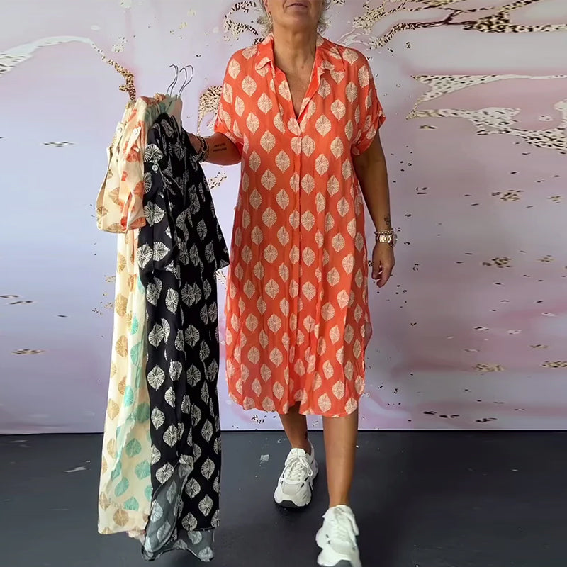 Abito Lungo Casual Donna Primavera – Colletto A Revers Maniche Corte Stile Estivo