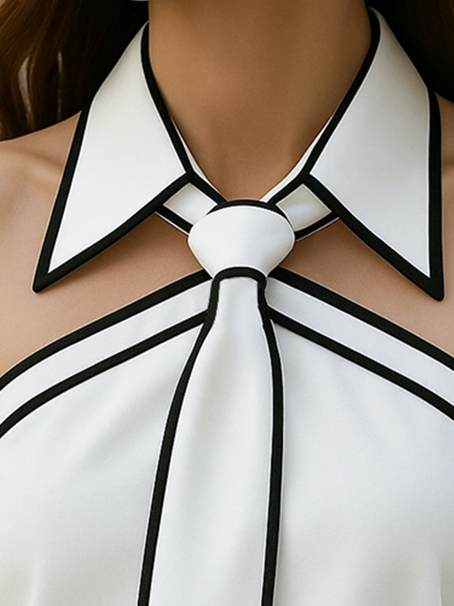 Camicetta bianca senza maniche con scollo all'americana – Top elegante con finiture a contrasto