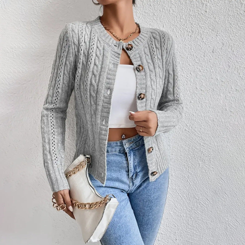 Cardigan da donna in maglia a trecce con bottoni – Maniche lunghe in maglia morbida