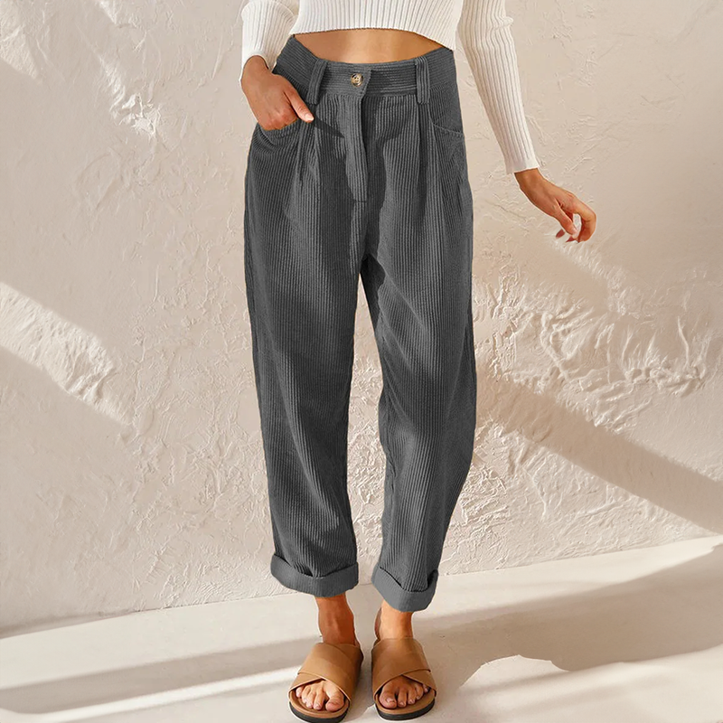 Pantaloni da donna alla moda a coste e vita alta - Comodi