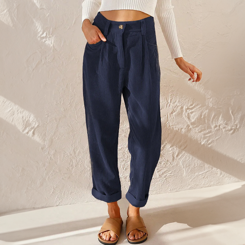 Pantaloni da donna alla moda a coste e vita alta - Comodi