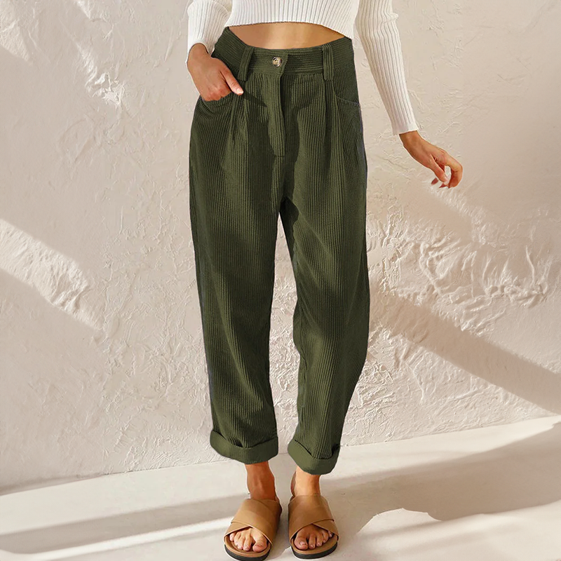 Pantaloni da donna alla moda a coste e vita alta - Comodi