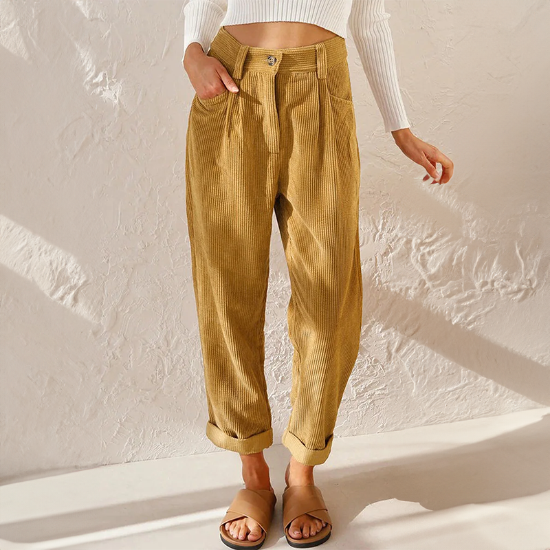 Pantaloni da donna alla moda a coste e vita alta - Comodi