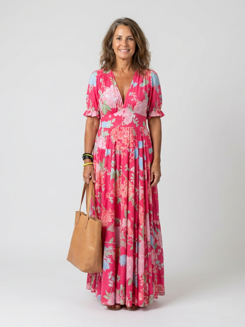Abito midi floreale da donna con maniche corte e scollo a V - Leggero e femminile