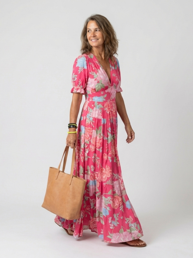 Abito midi floreale da donna con maniche corte e scollo a V - Leggero e femminile