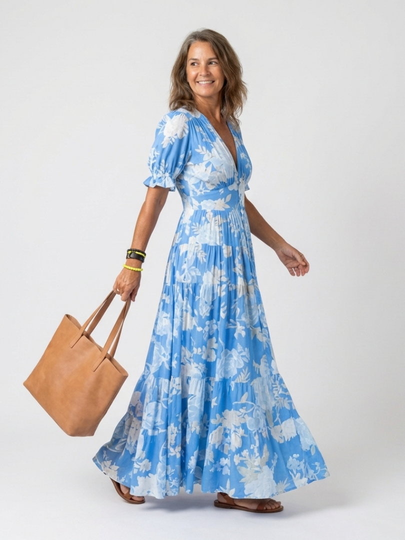 Abito midi floreale da donna con maniche corte e scollo a V - Leggero e femminile
