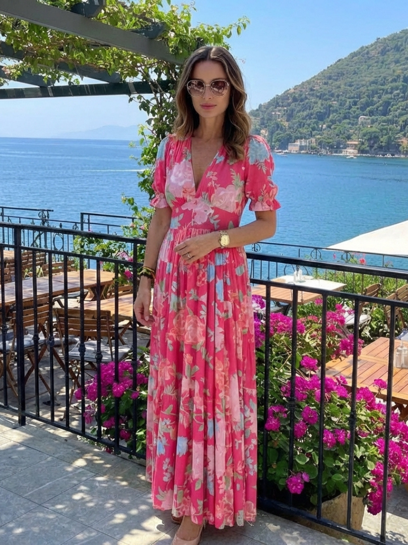 Abito midi floreale da donna con maniche corte e scollo a V - Leggero e femminile