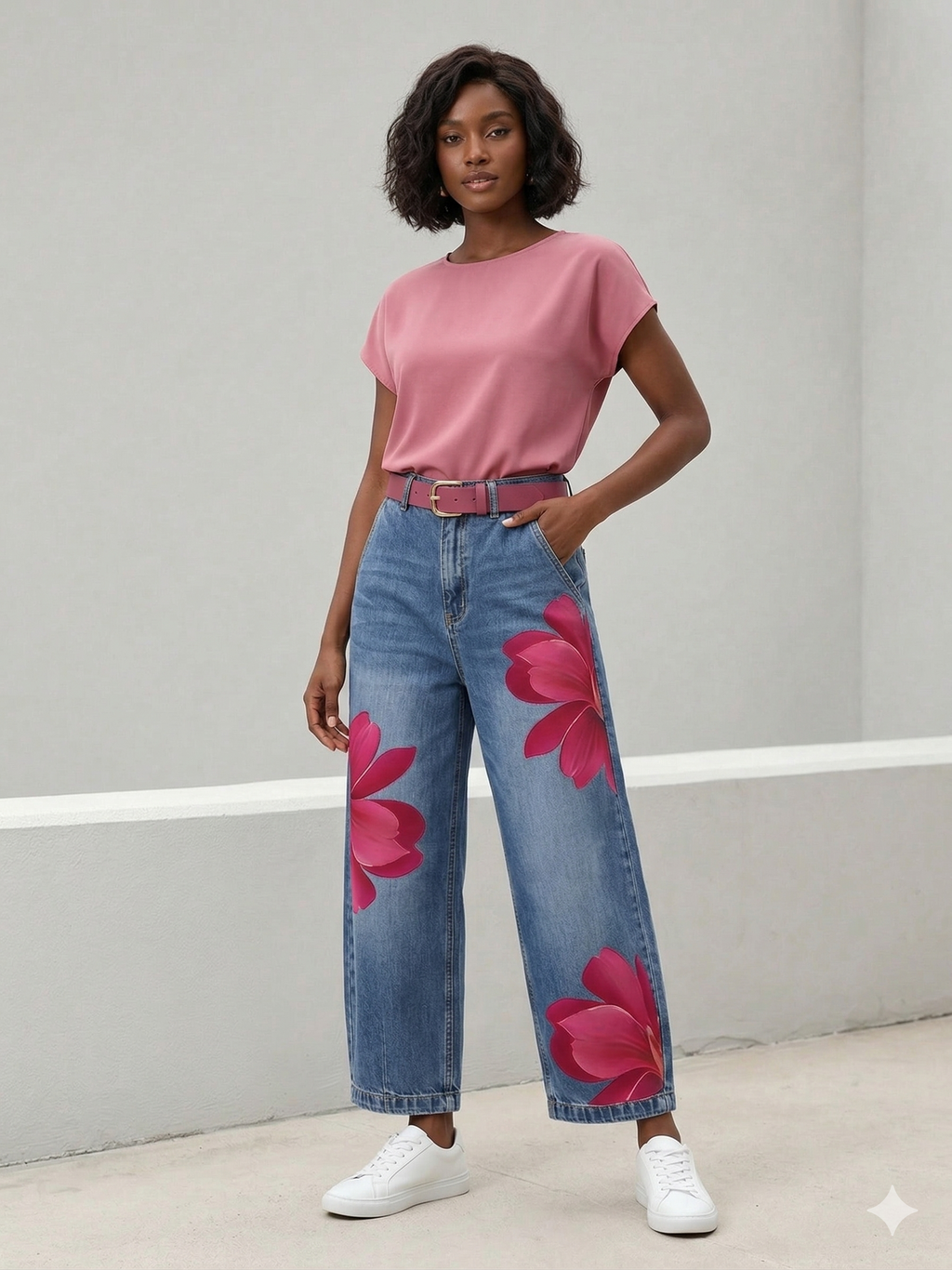 Jeans donna a fiori gamba ampia - Originali e casual