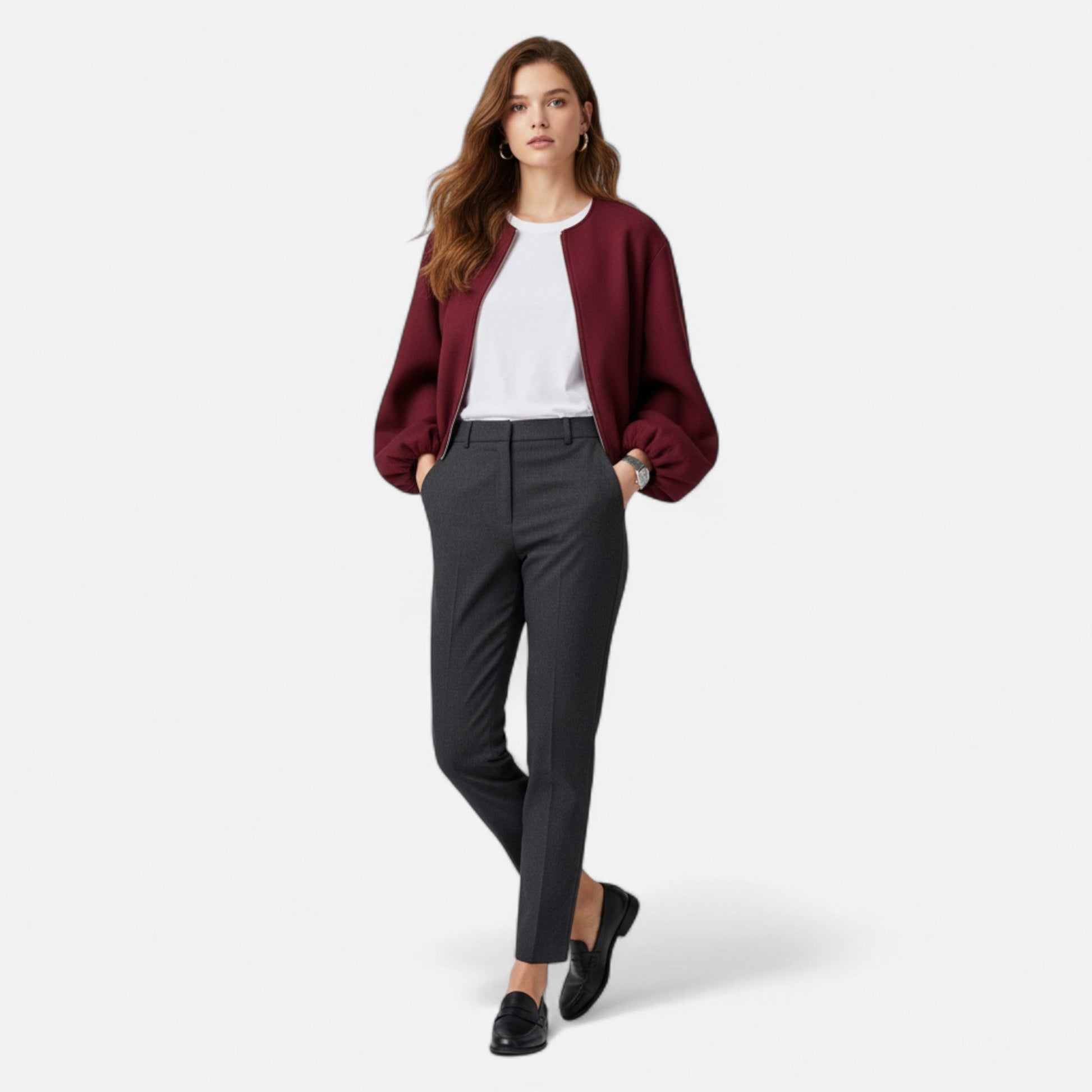 Giacca blouson da donna in stile retrò con cerniera – Girocollo, casual, street style
