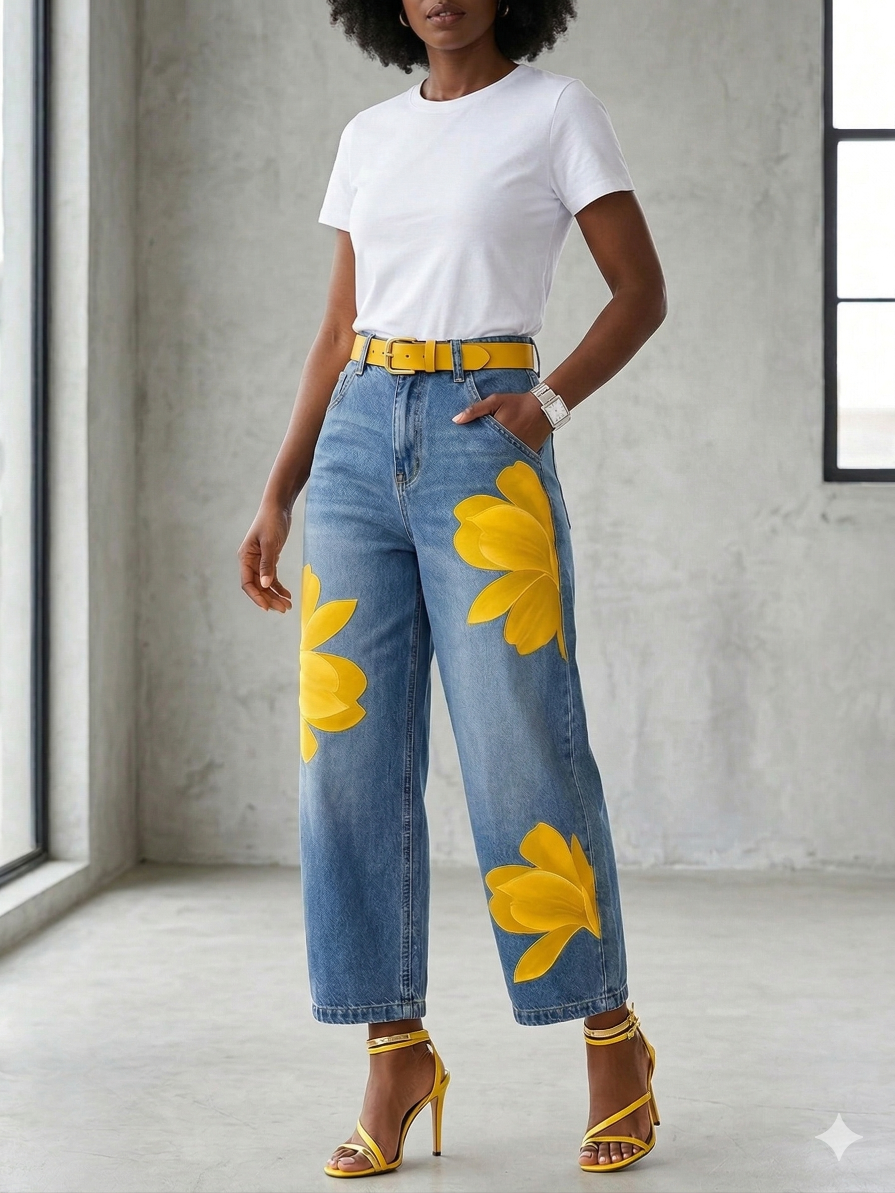 Jeans donna a fiori gamba ampia - Originali e casual