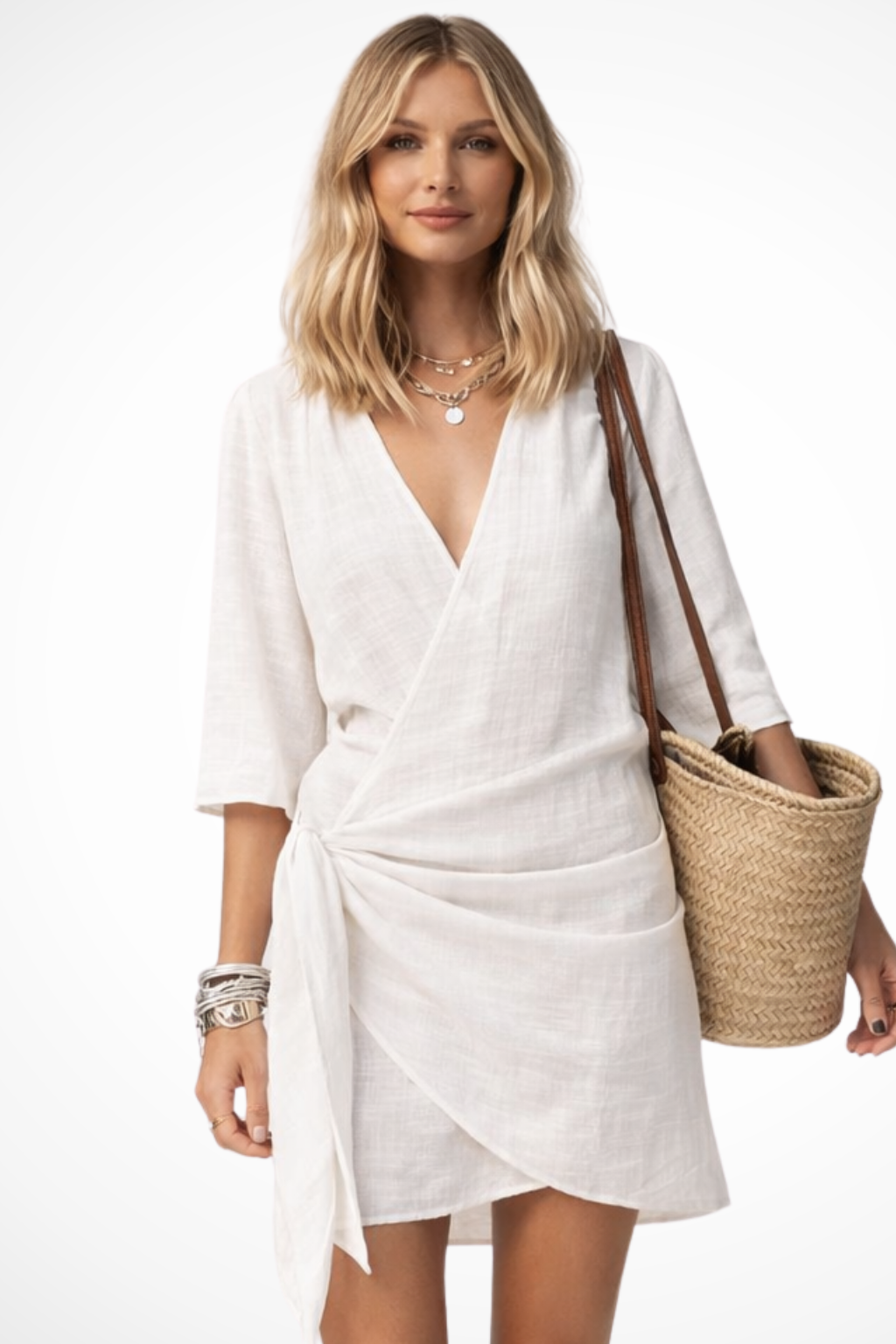Mini abito da donna a portafoglio con cintura in vita, maniche corte, stile casual chic estivo