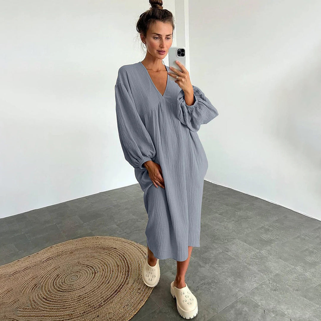 Abito midi casual da donna – Abito ampio con scollo a V