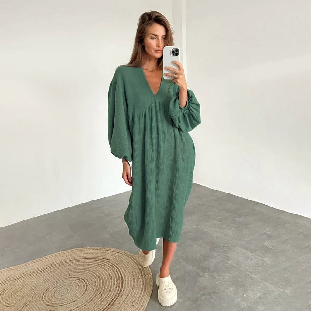 Abito midi casual da donna – Abito ampio con scollo a V