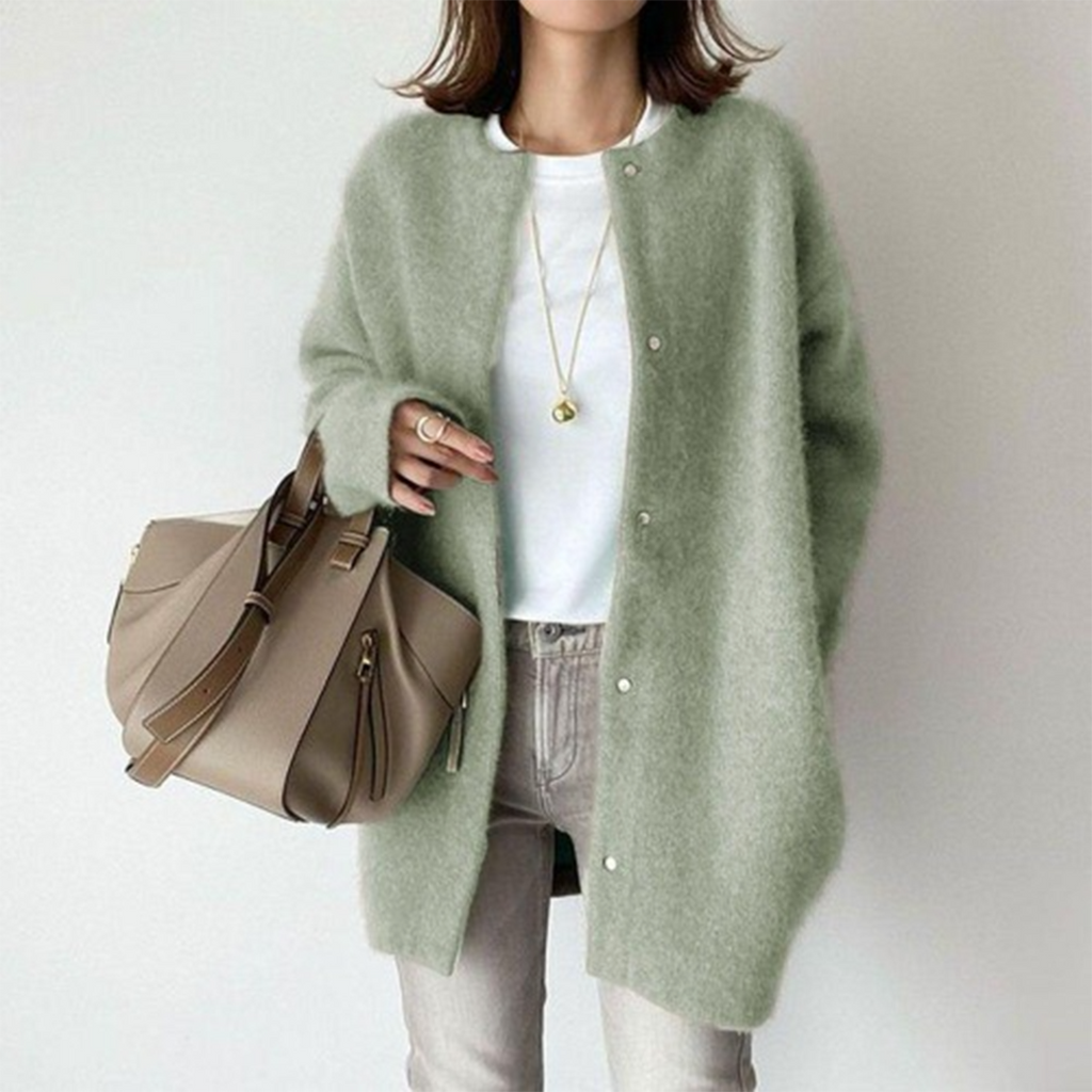 Elegante cardigan lungo con bottoni da donna – Comodo maglione girocollo