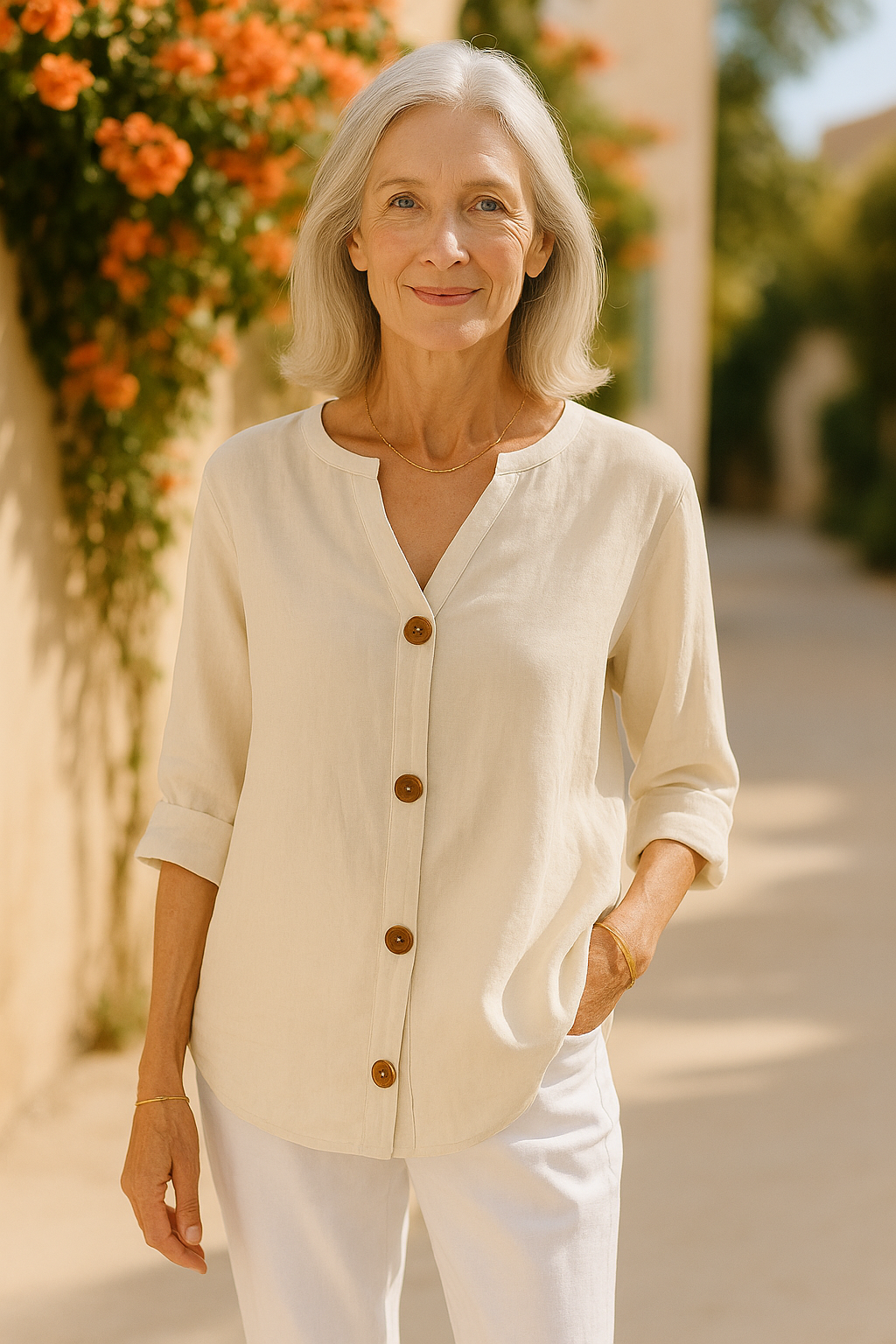Blusa Gretel in lino beige con bottoni e collo alla coreana