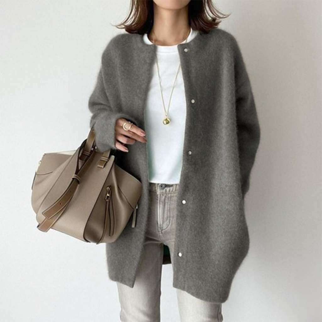 Elegante cardigan lungo con bottoni da donna – Comodo maglione girocollo