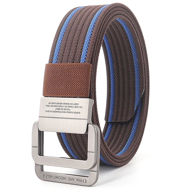 Cintura unisex in tela a righe – Cinturino casual con fibbia in metallo a doppio anello