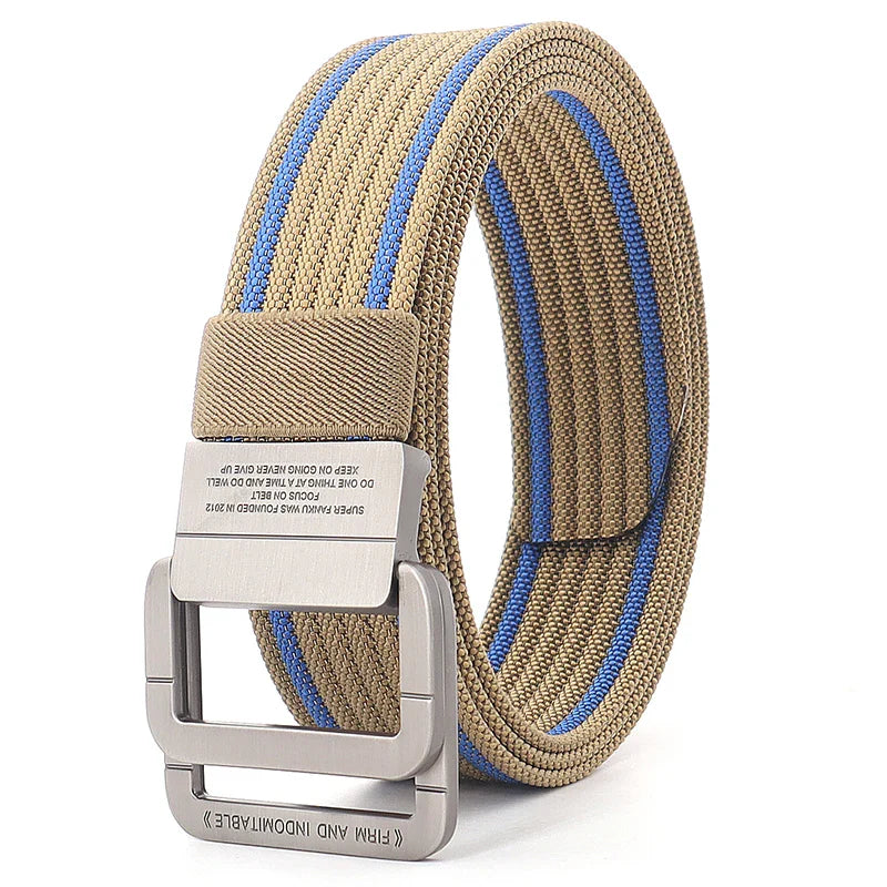 Cintura unisex in tela a righe – Cinturino casual con fibbia in metallo a doppio anello
