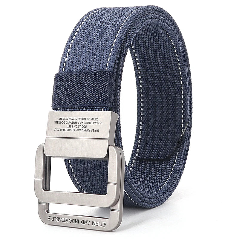 Cintura unisex in tela a righe – Cinturino casual con fibbia in metallo a doppio anello