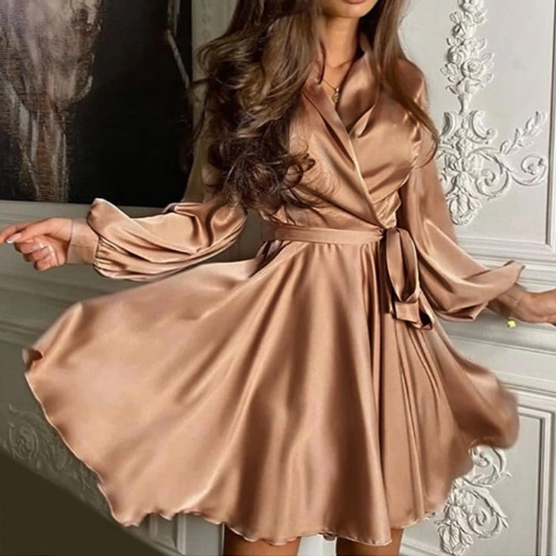 Abito da donna in raso – Maniche lunghe con volant, elegante, perfetto per le feste